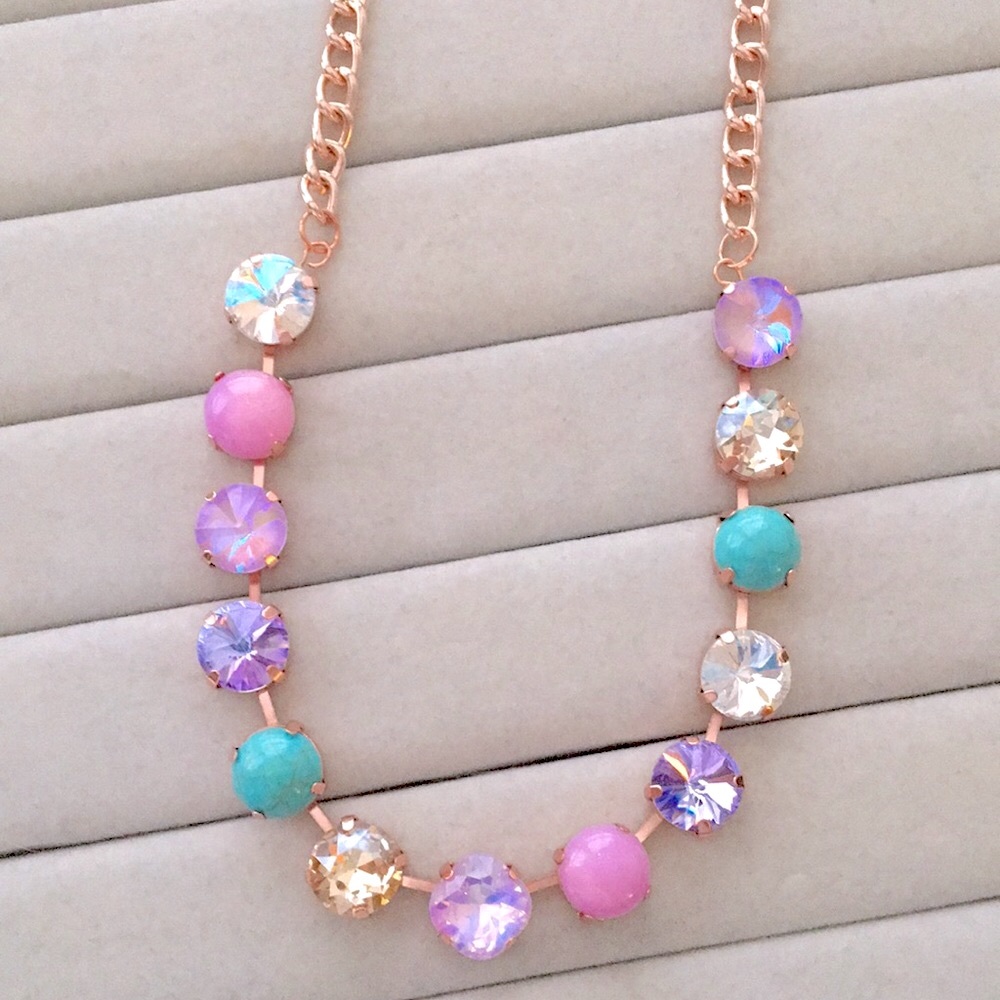 Turquoise, Violet Purple,Pink +Champagne Topaz Rose Gold Crystal Tennis Necklace - Picture 11 of 13